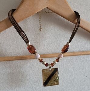 Laura Ashley leather multi strand square pendant necklace gold toned, amber bead